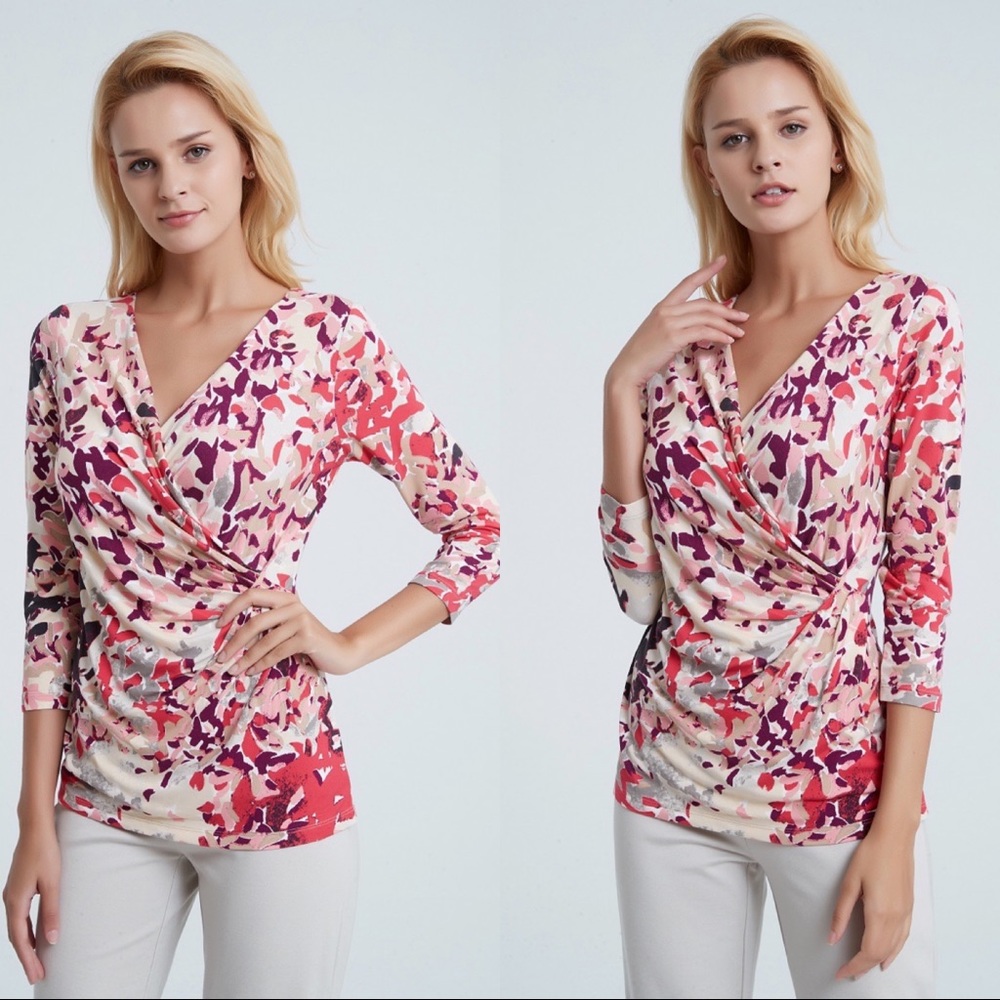 NIC+ZOE 3/4 Sleeve Faux Wrap Vibrant Top